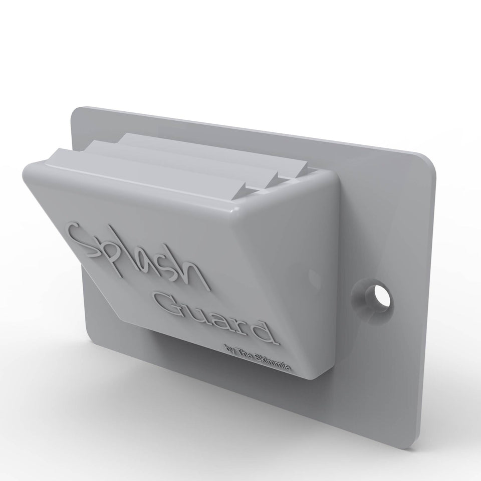 The Skimmie Splash Guard on a gray overflow drain cover reduces water loss.