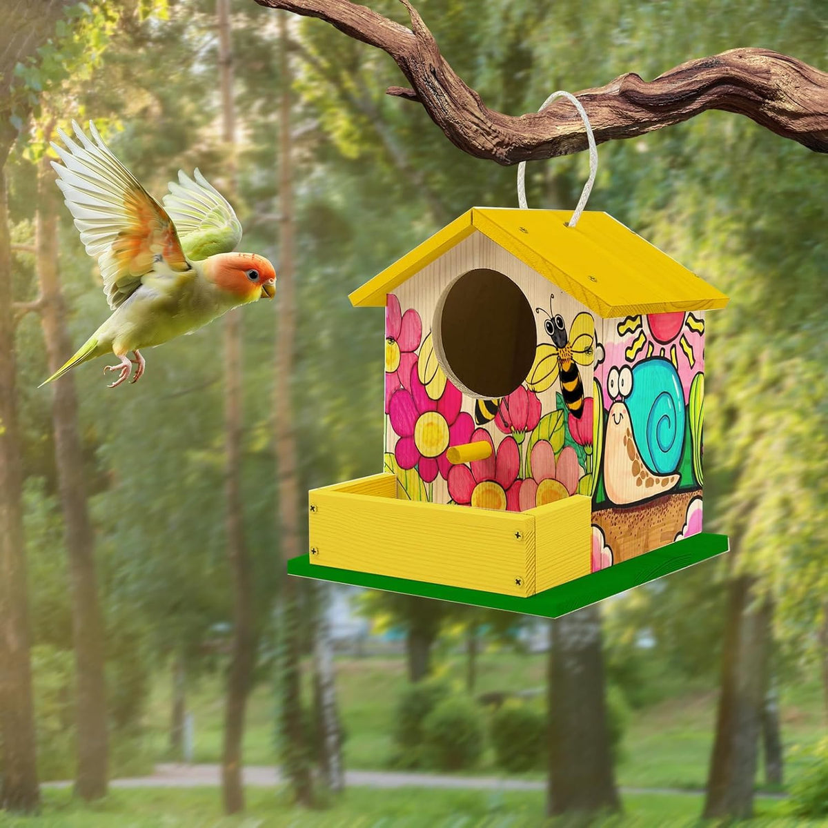 Thick&Thin bird house kit hanging in a garden for charm and birds