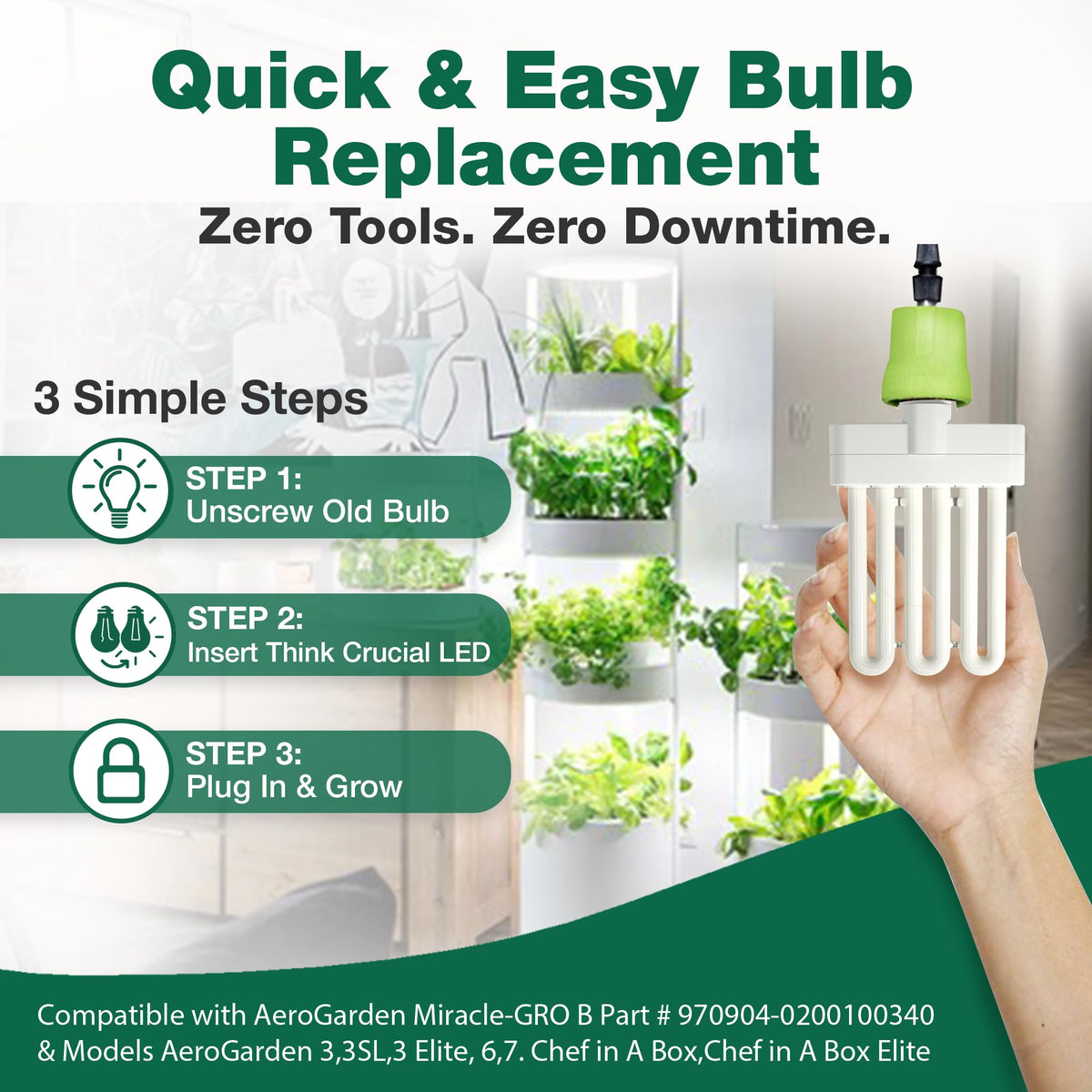 Three-pack Think Crucial bulbs provide ongoing AeroGarden replacement options.