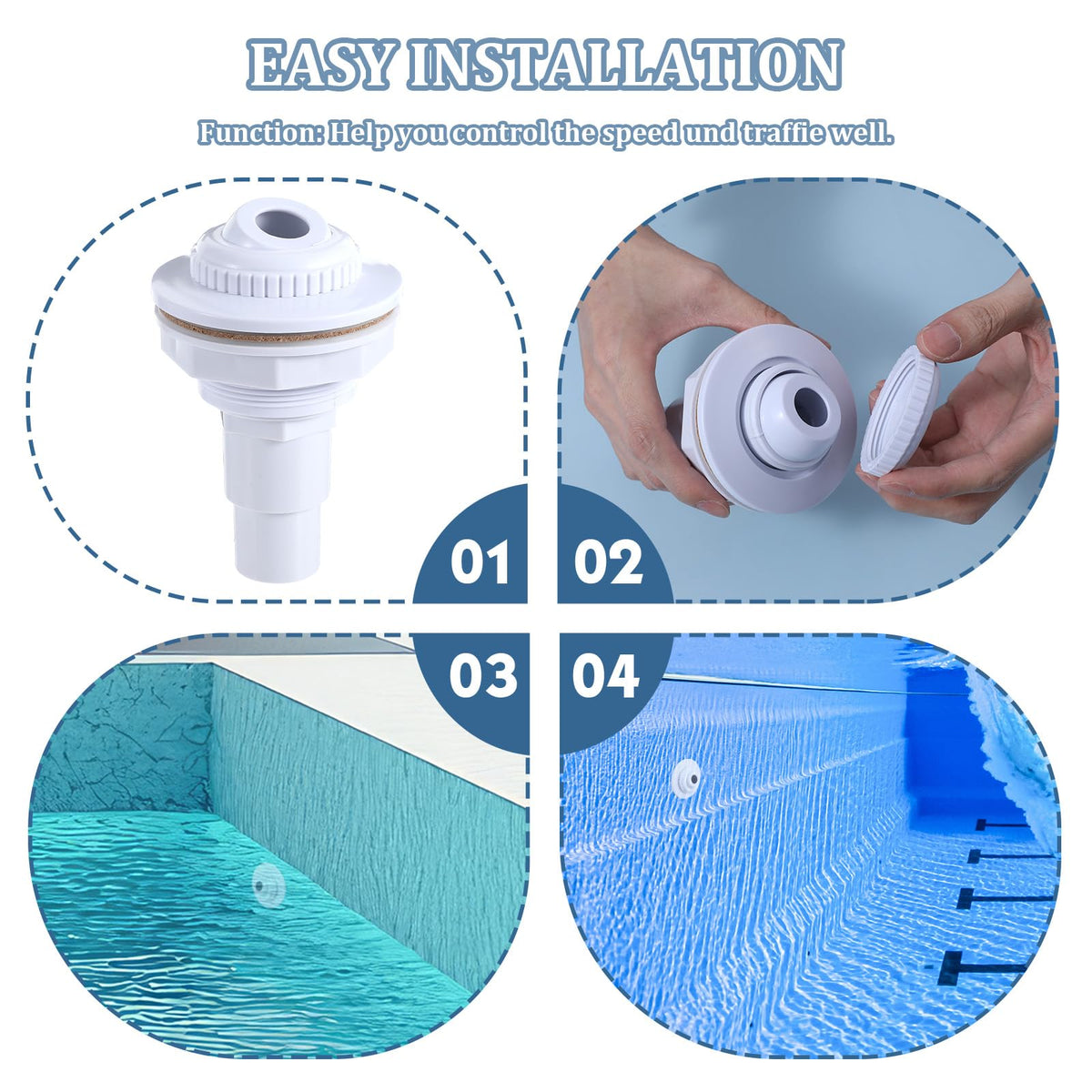 Thinp ABS wall-fitting captures durable, corrosion-resistant construction for outdoor pool setups.
