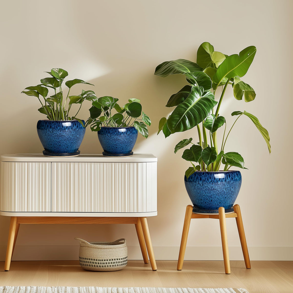 Thirtypot blue decorative planter enhances home, office, or patio decor.