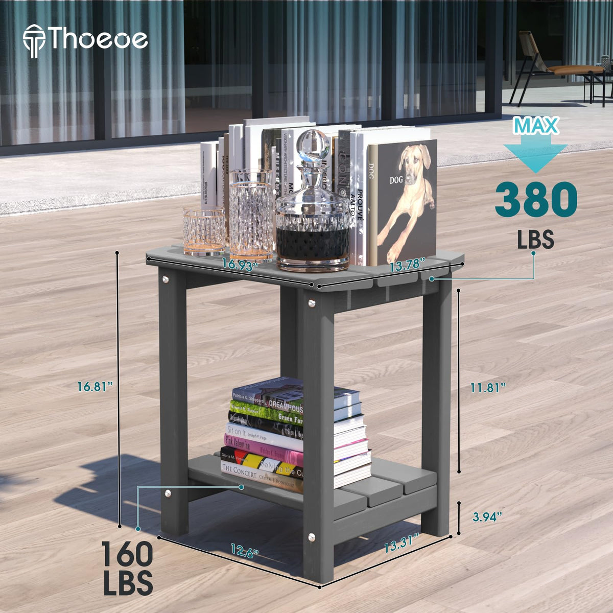 THOEOE grey wood-grain side table for durable, year-round patio style