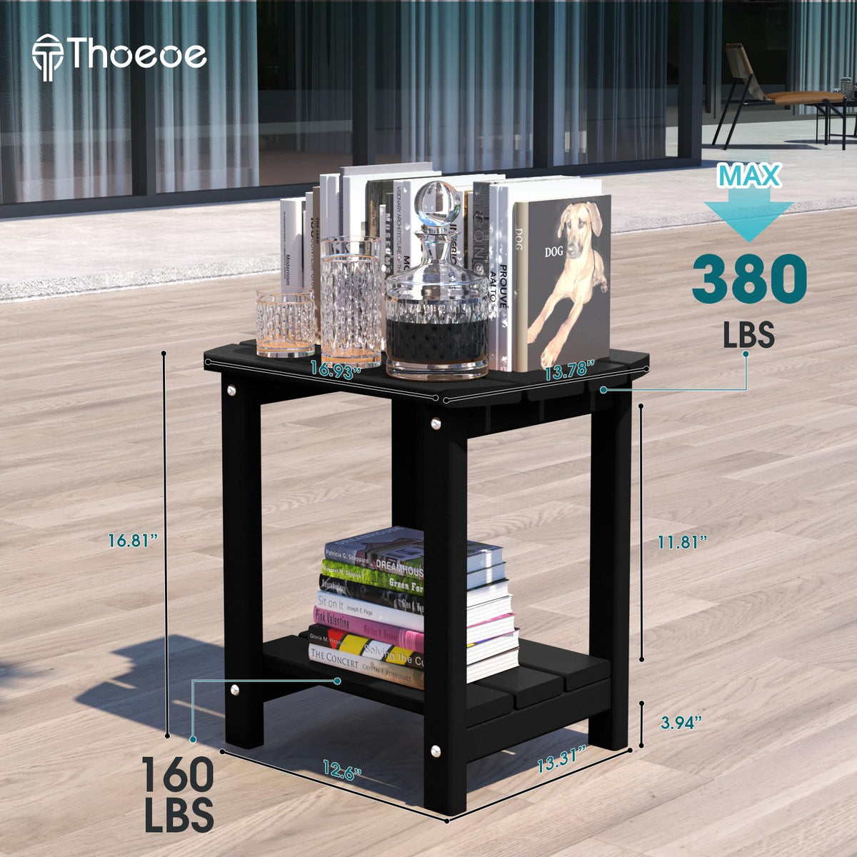 THOEOE Adirondack side table top view highlighting double storage surface