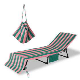 THOVSMOON beach chair towel cover in green-pink stripe, soft and quick-drying.