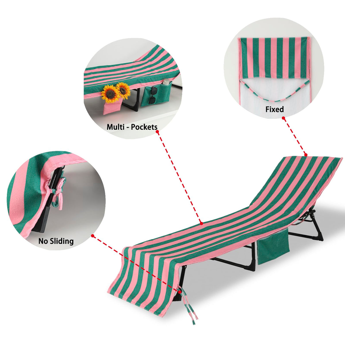 THOVSMOON towel cover side pockets for drinks and sunscreen.