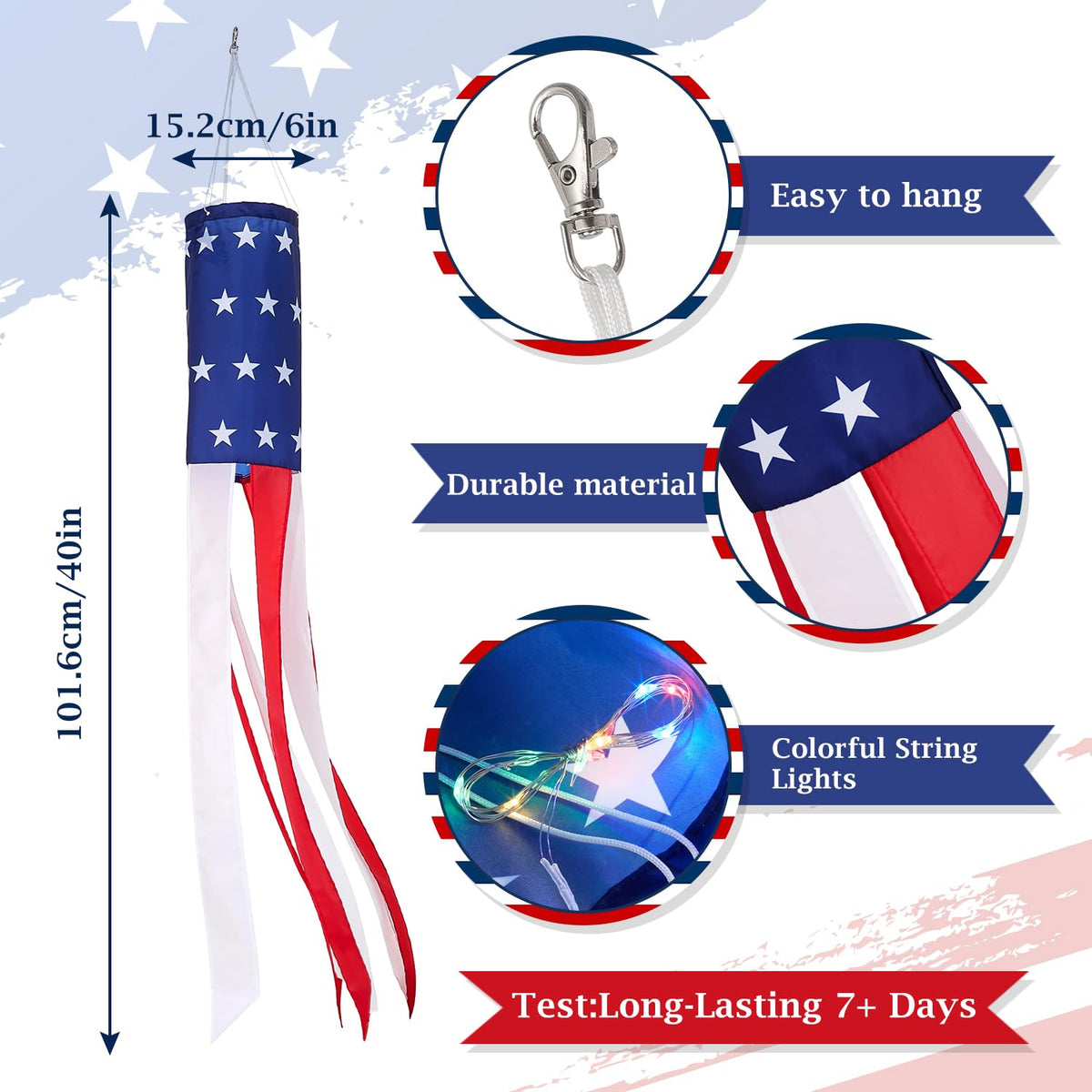 THQZLH windsock on clip for porch or fence during USA celebrations.