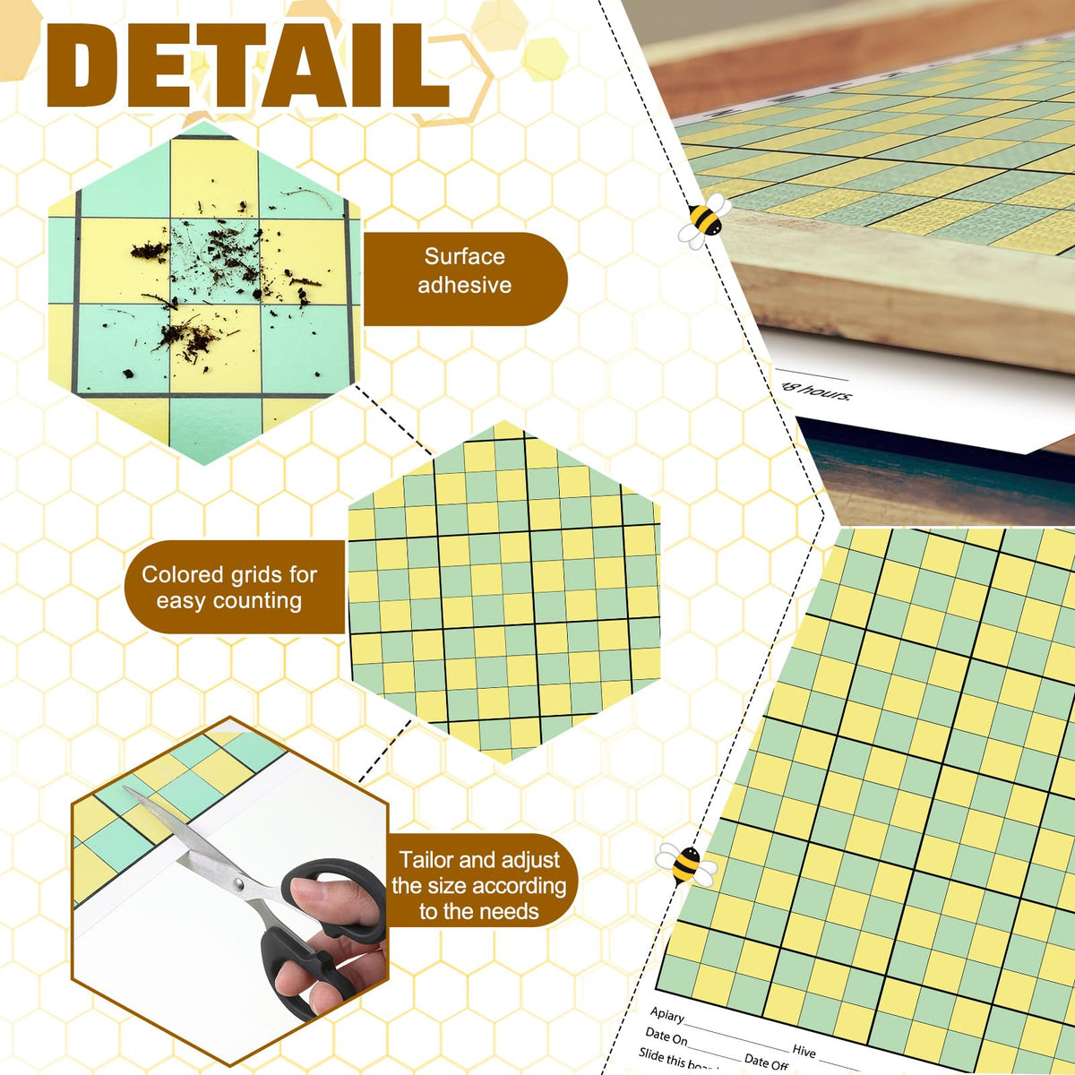 Threehoney board features colorful checkerboard to distinguish mites from debris