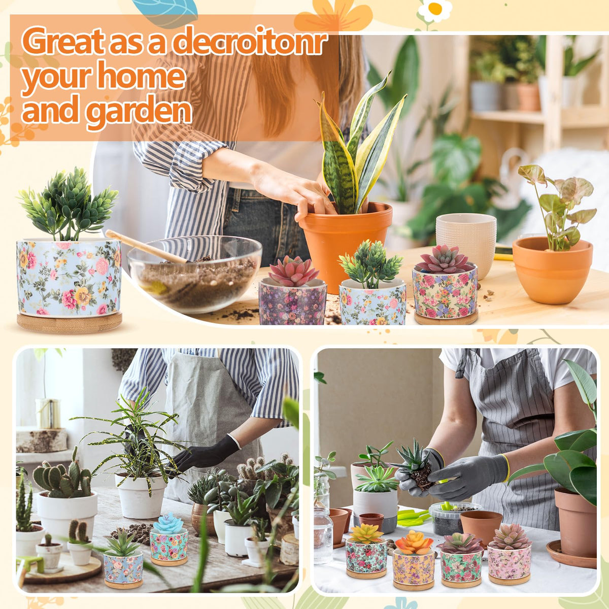 Threehoney home office decor enhances desk greenery with retro floral look.