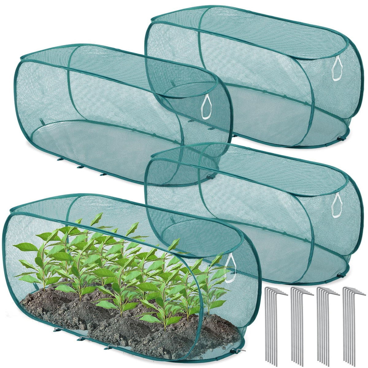 Threehoney pop-up garden mesh cover closed protecting seedlings while allowing light and air.