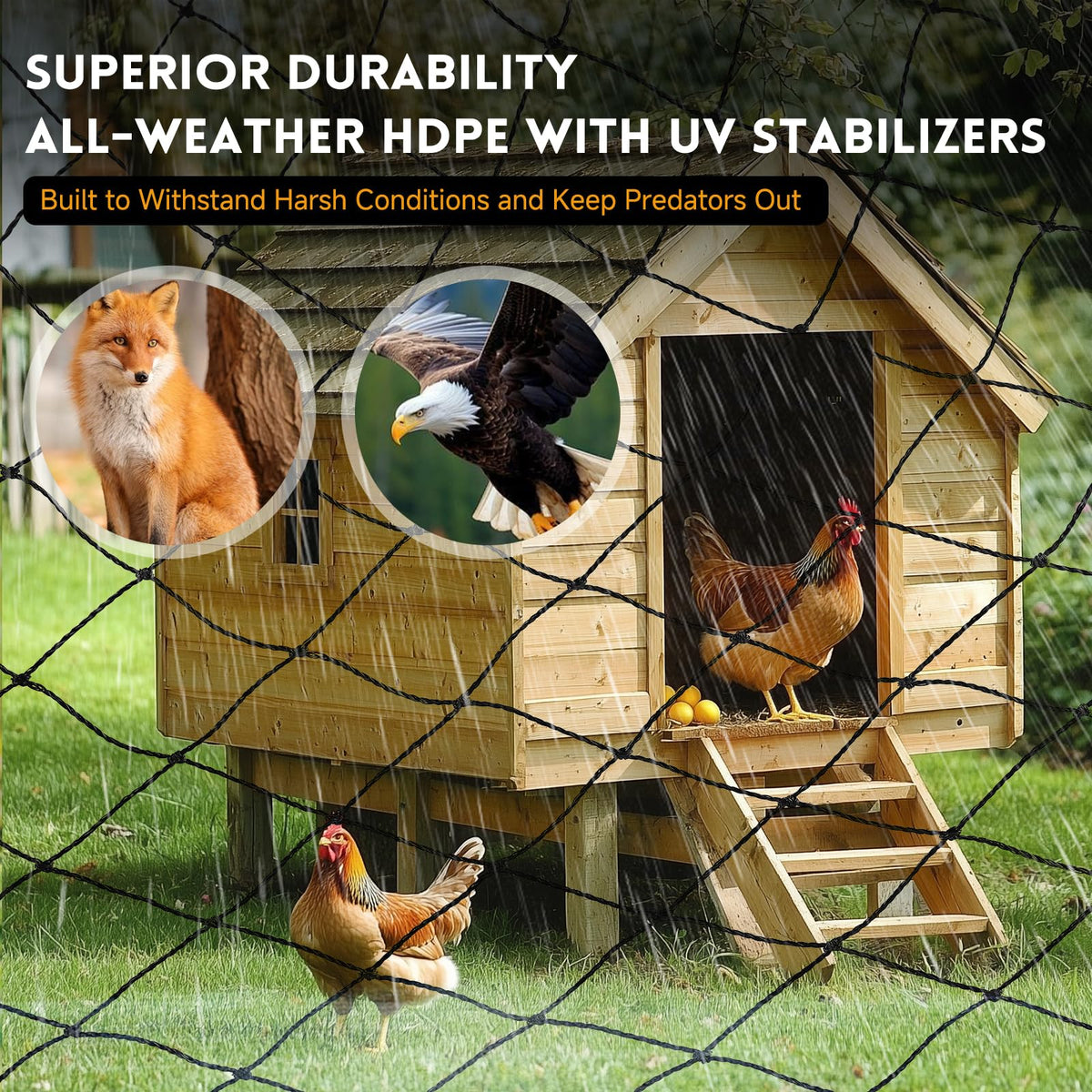 Threekia durable HDPE netting material for year-round outdoor use.