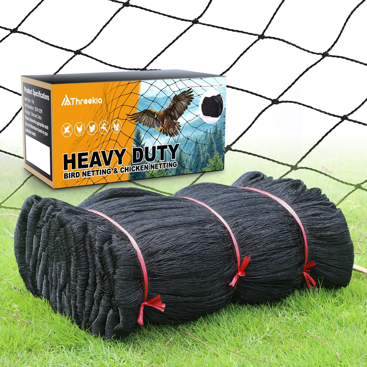 Threekia heavy-knotted poultry netting close-up shows durable 2-inch mesh.
