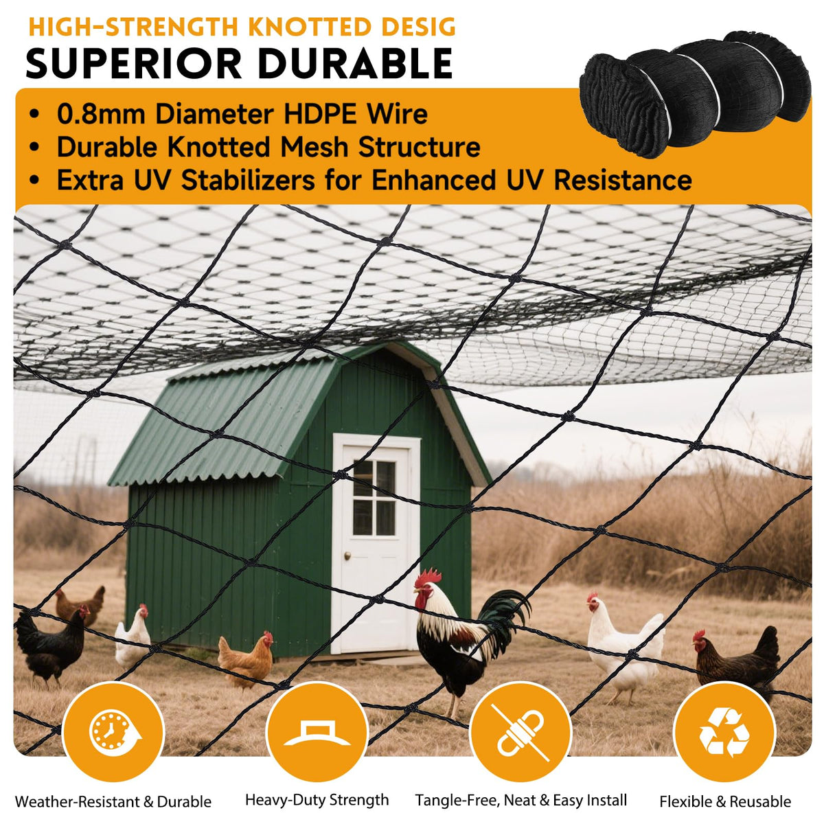 Threekia poultry netting over a chicken run provides predator protection.