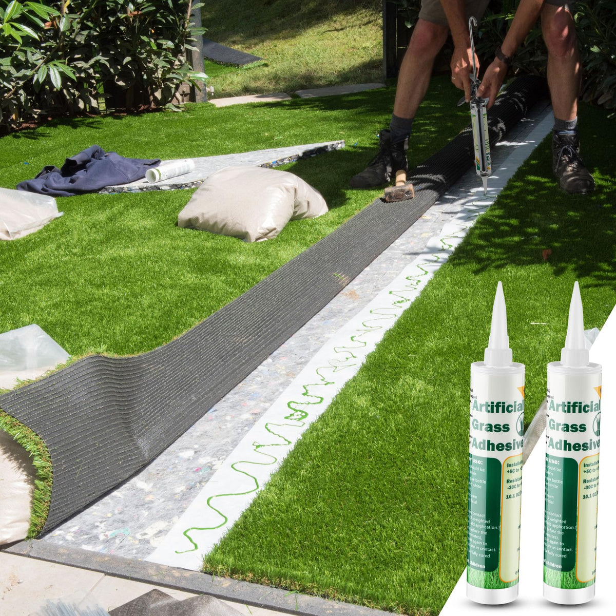 Threlaco turf glue coverage on lawn showing direct bond along seams