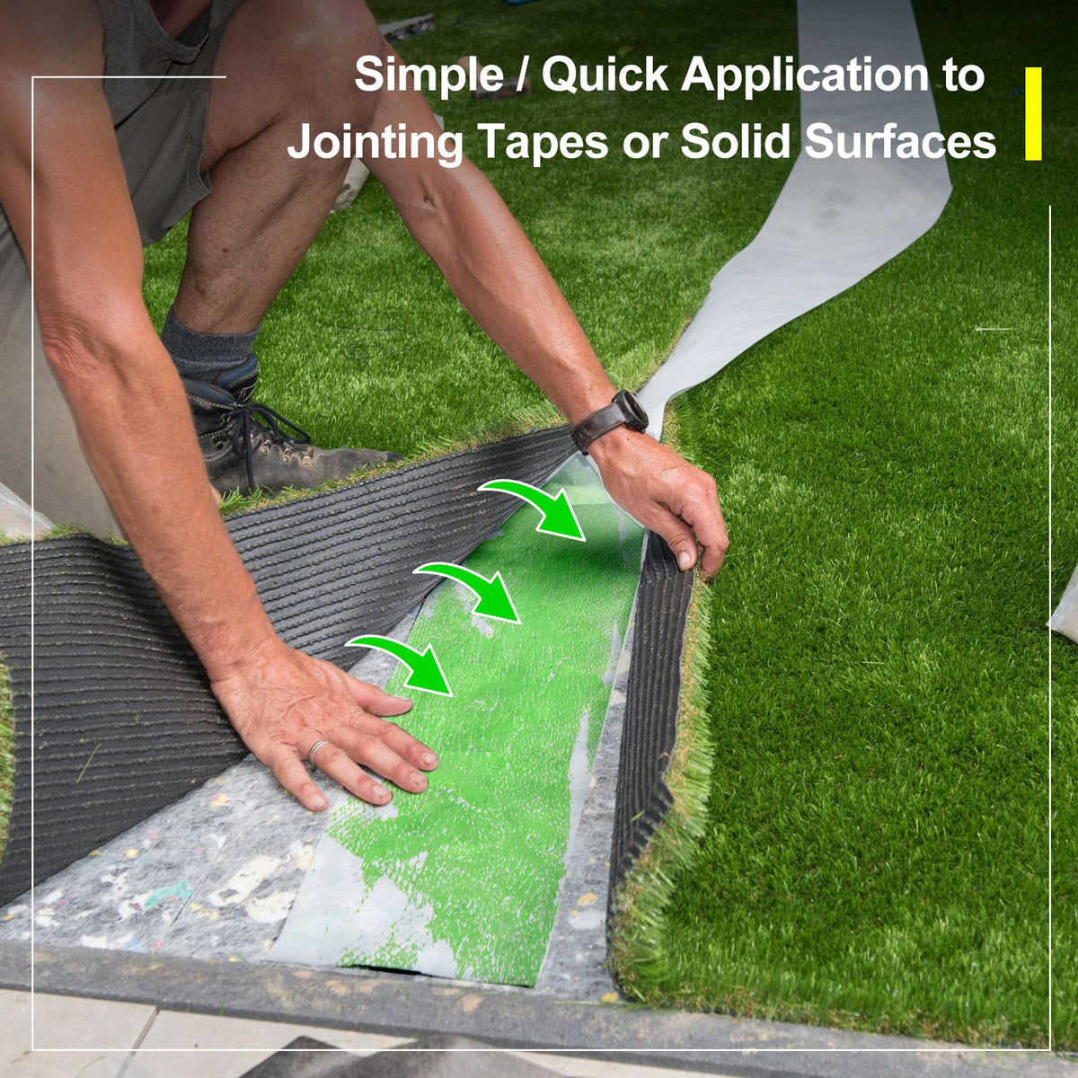 Threlaco turf glue seam pressing with roller ensuring proper contact