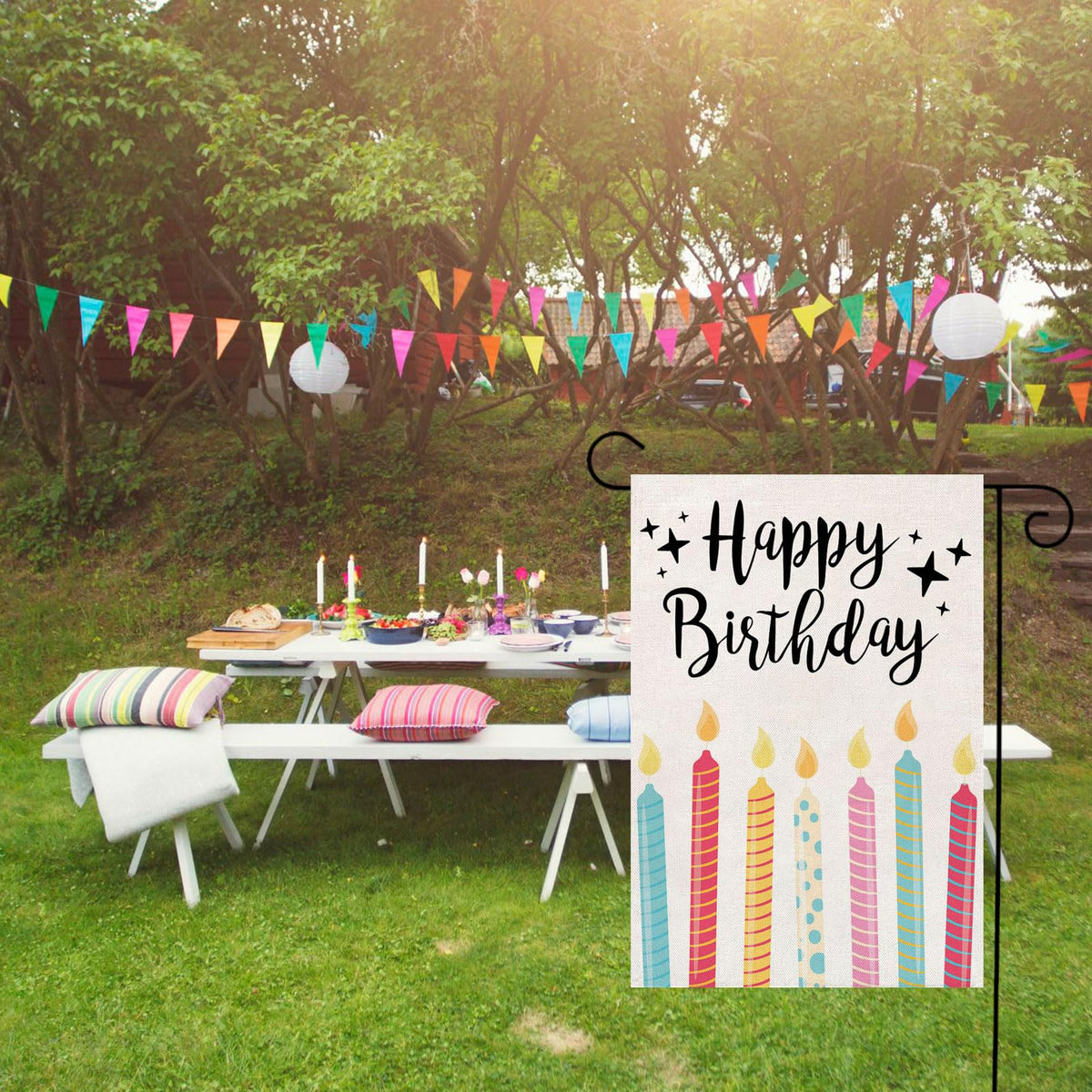 Thriano birthday flag mounted on a flagpole ready for easy garden display.