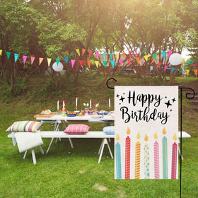 Thriano birthday flag mounted on a flagpole ready for easy garden display.