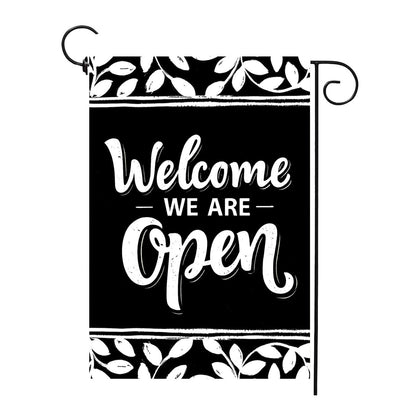 Thriano Open Sign garden flag, double-sided welcome message visible from both sides.