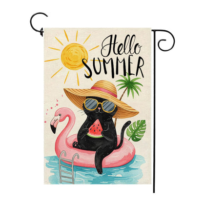 Thriano flamingo flag with cat sunglasses brightens outdoor spaces