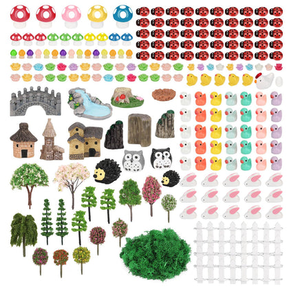 Thrilez fairy garden 210-piece kit overview with colorful accessories