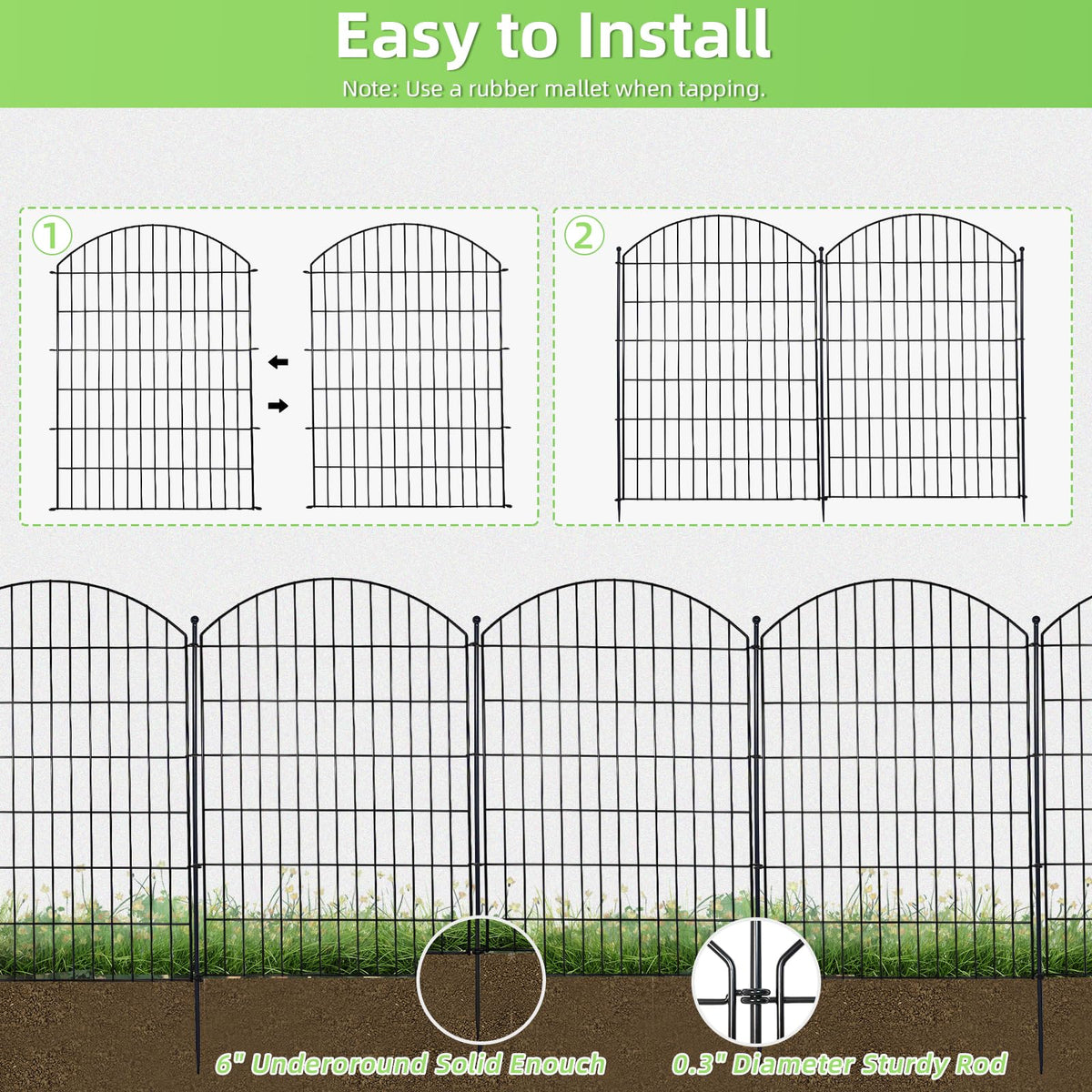 Thrivinest garden fence stakes illustrate sturdy height and quick anchoring.