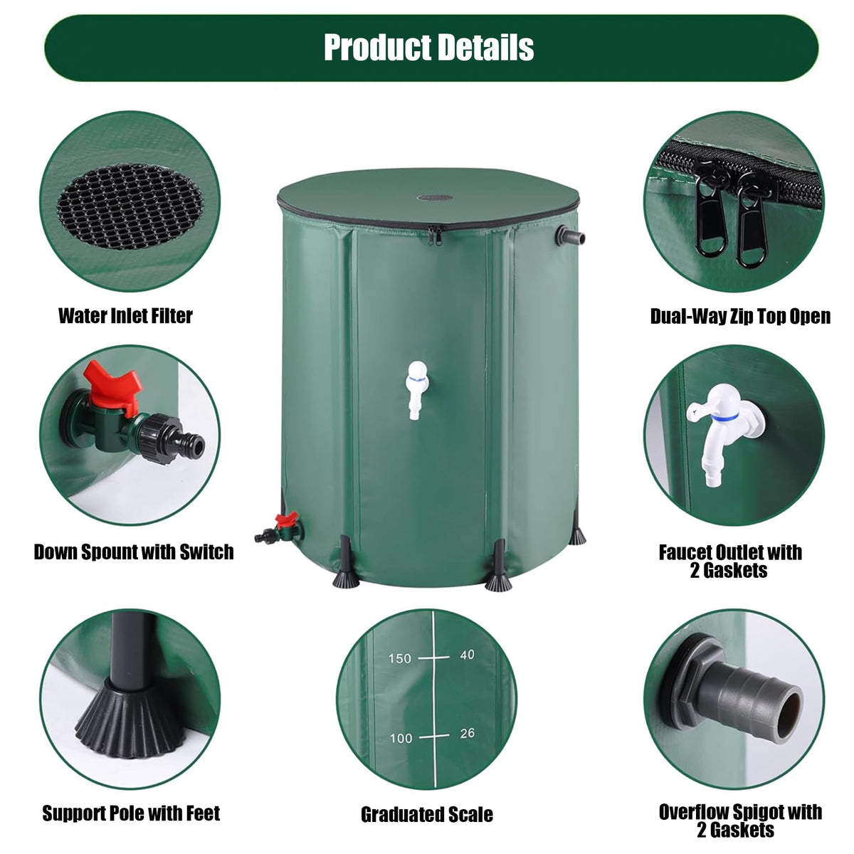 THUNDERBAY rain barrel with filter spigot for easy dispensing.