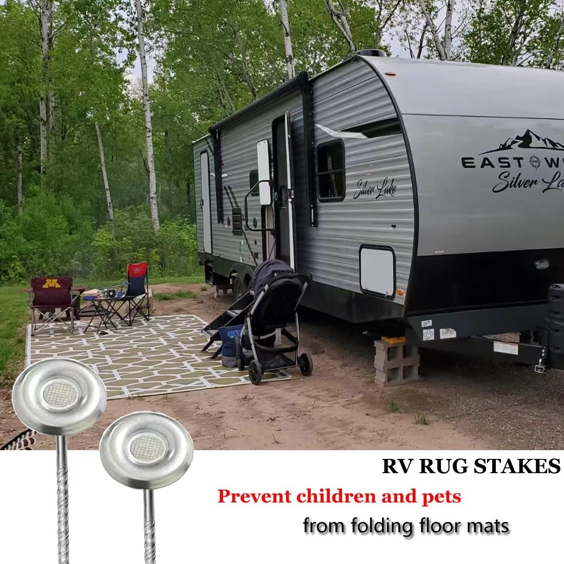 Thunia patio rug stakes prevent movement, keeping turf rugs flat.