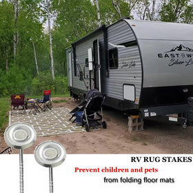 Thunia patio rug stakes prevent movement, keeping turf rugs flat.