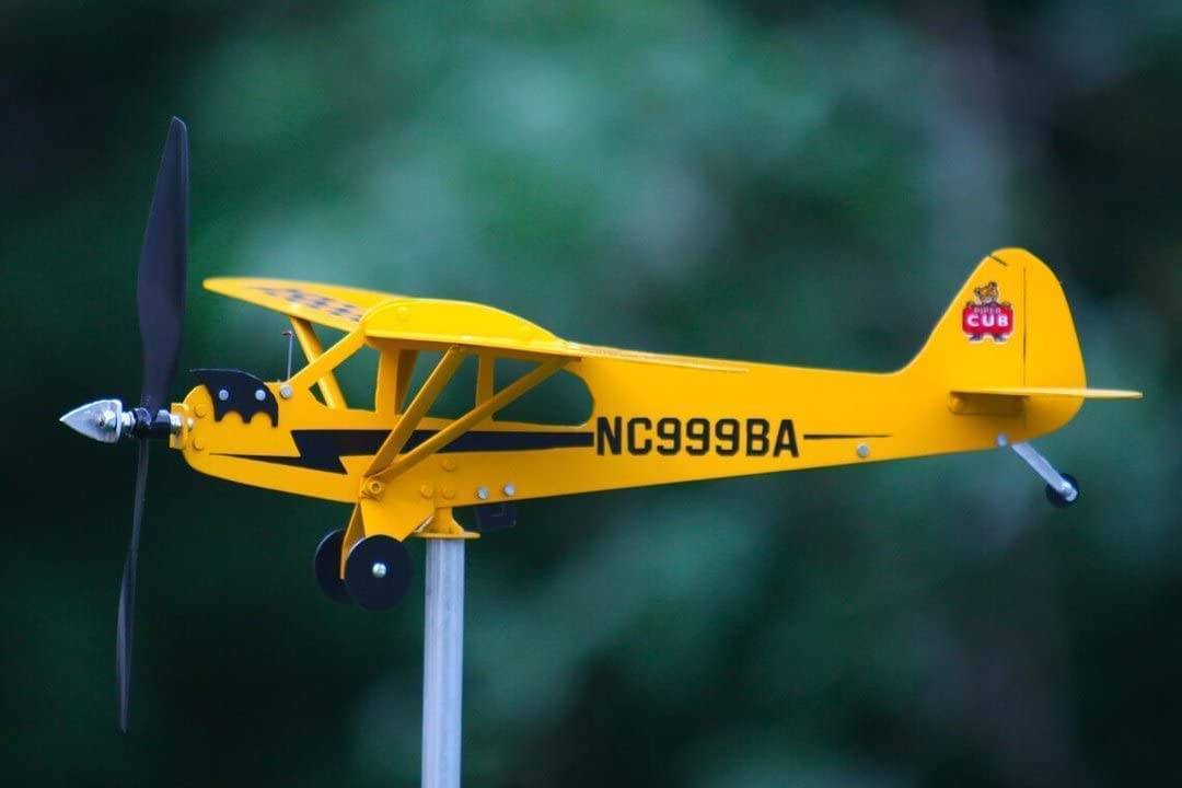 Thyggzjbs Piper J3 Cub weathervane front view adds kinetic garden charm