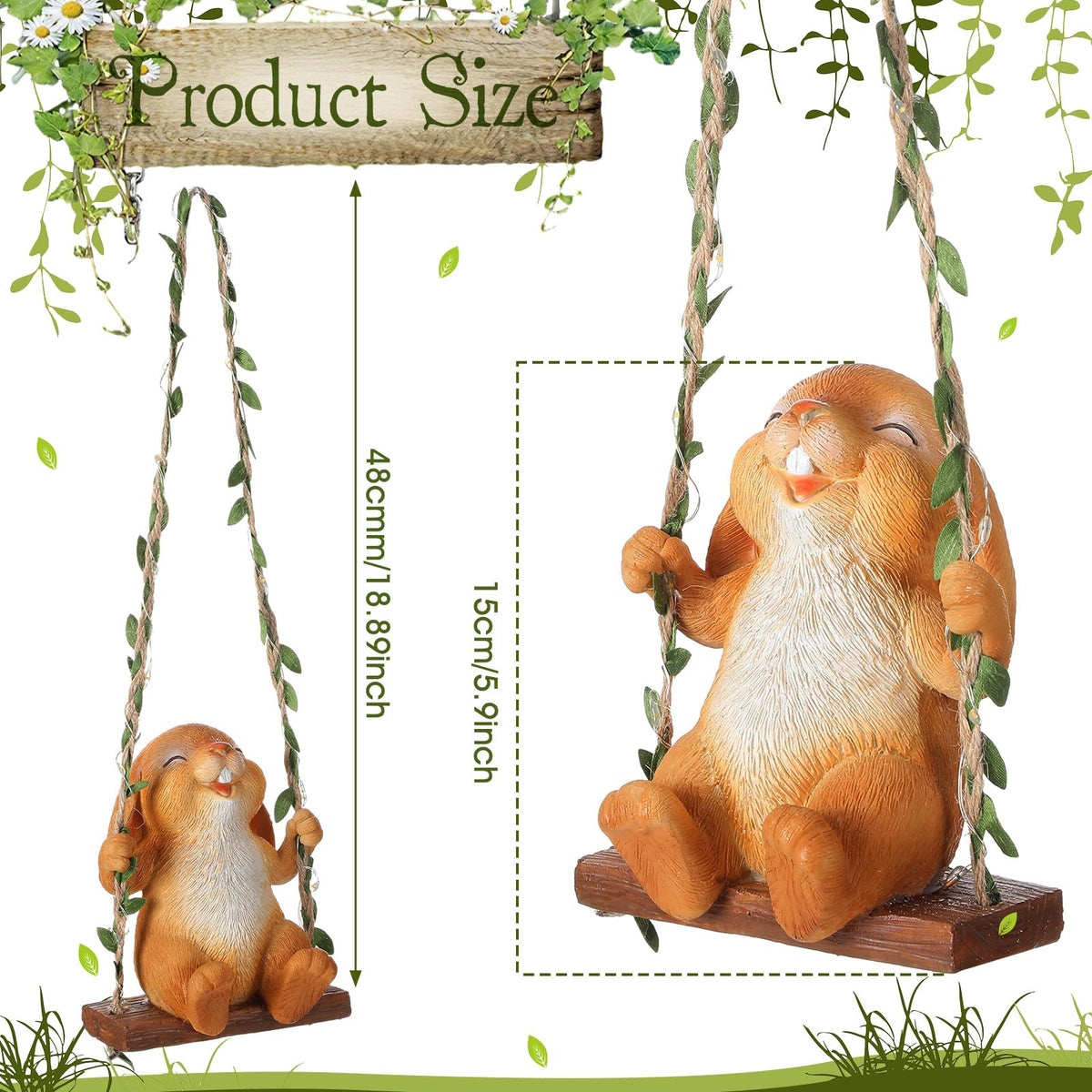 Thyle 19-inch bunny statue on a vine swing adds whimsical yard decor.