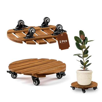 THYOI acacia wood plant caddy round 14 inch elevates a potted plant for airflow and drainage