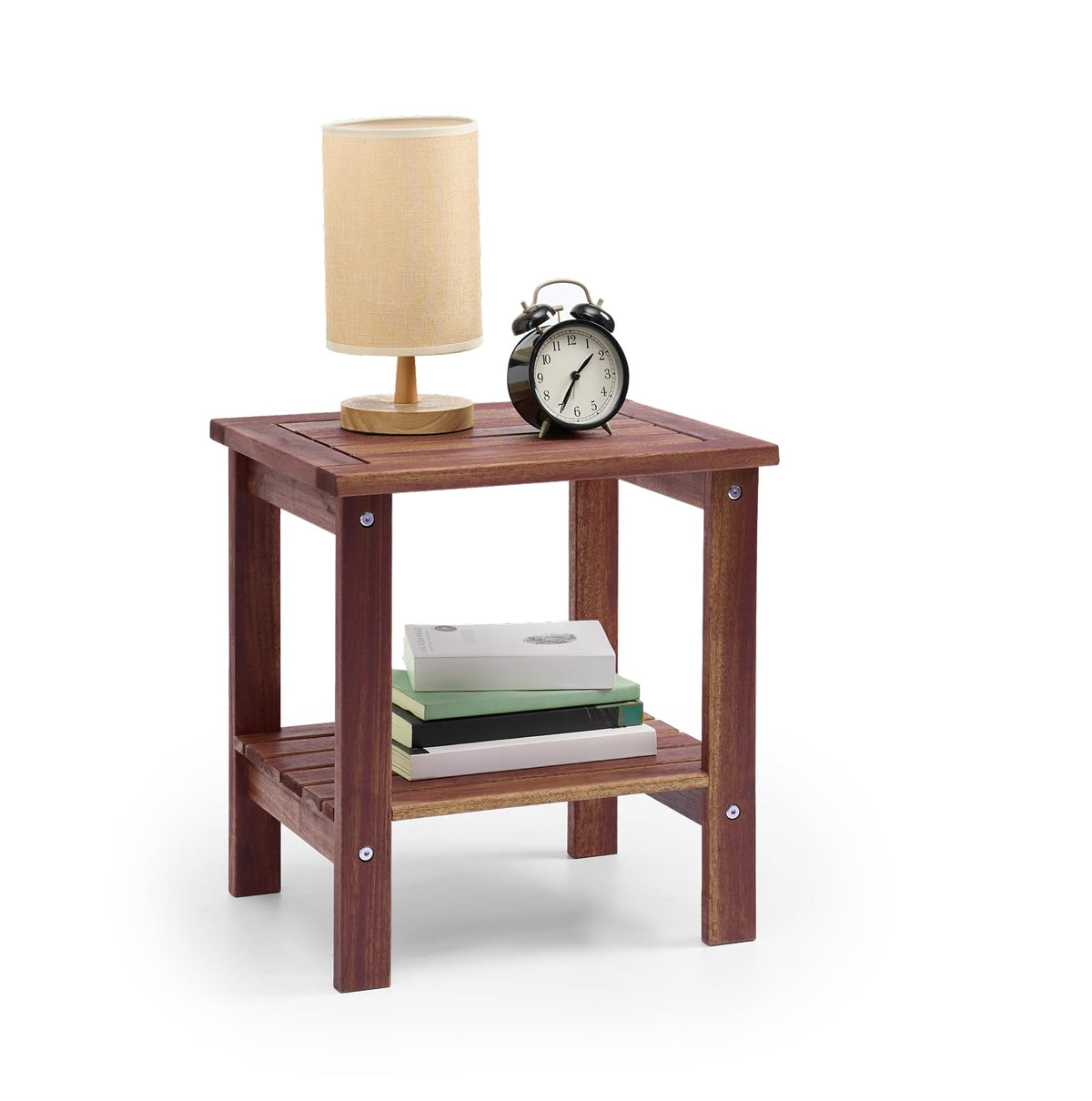 THYOI Adirondack square end table with 2-tier storage beside sofa.