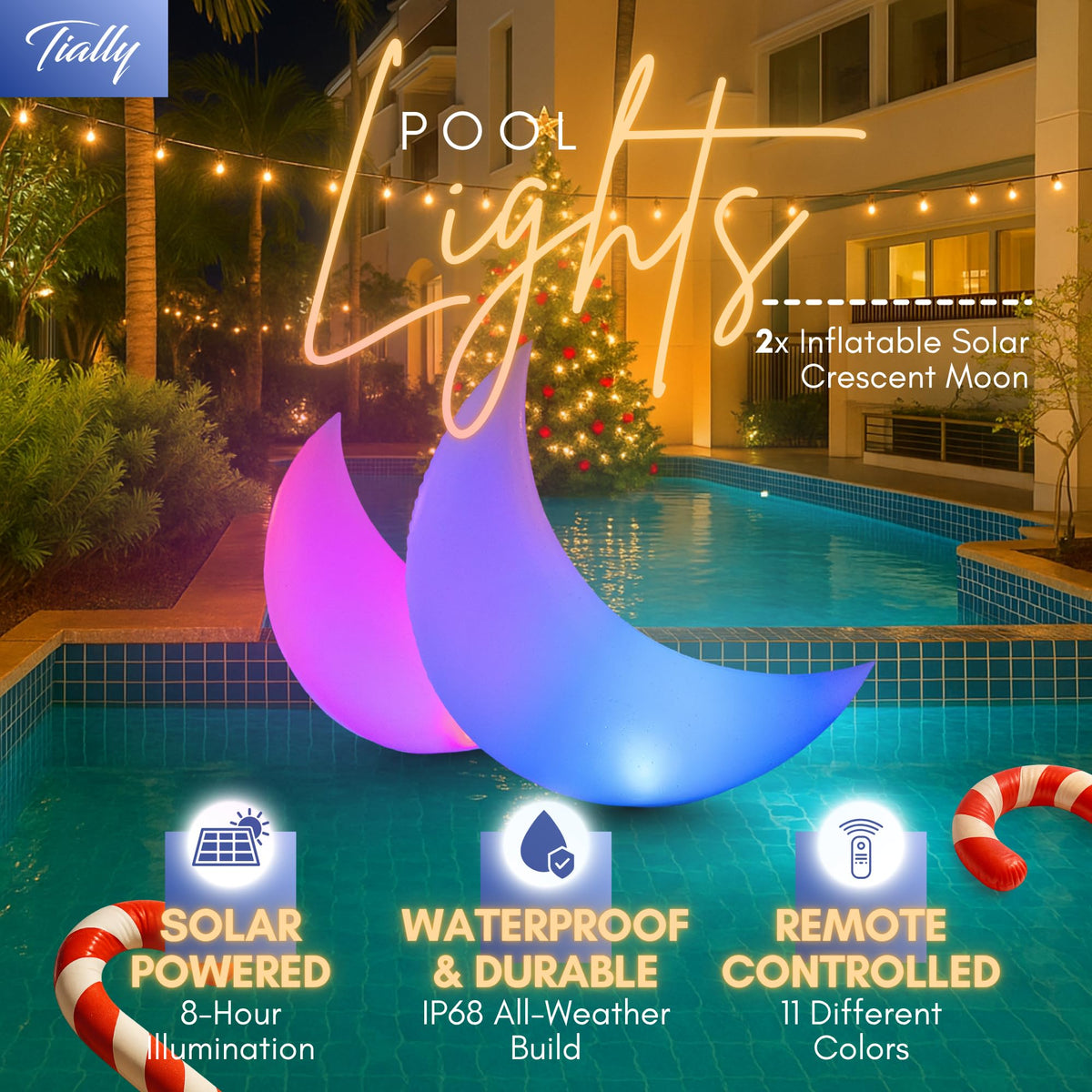 TIALLY solar-powered pool lights charging in sunlight for dusk glow
