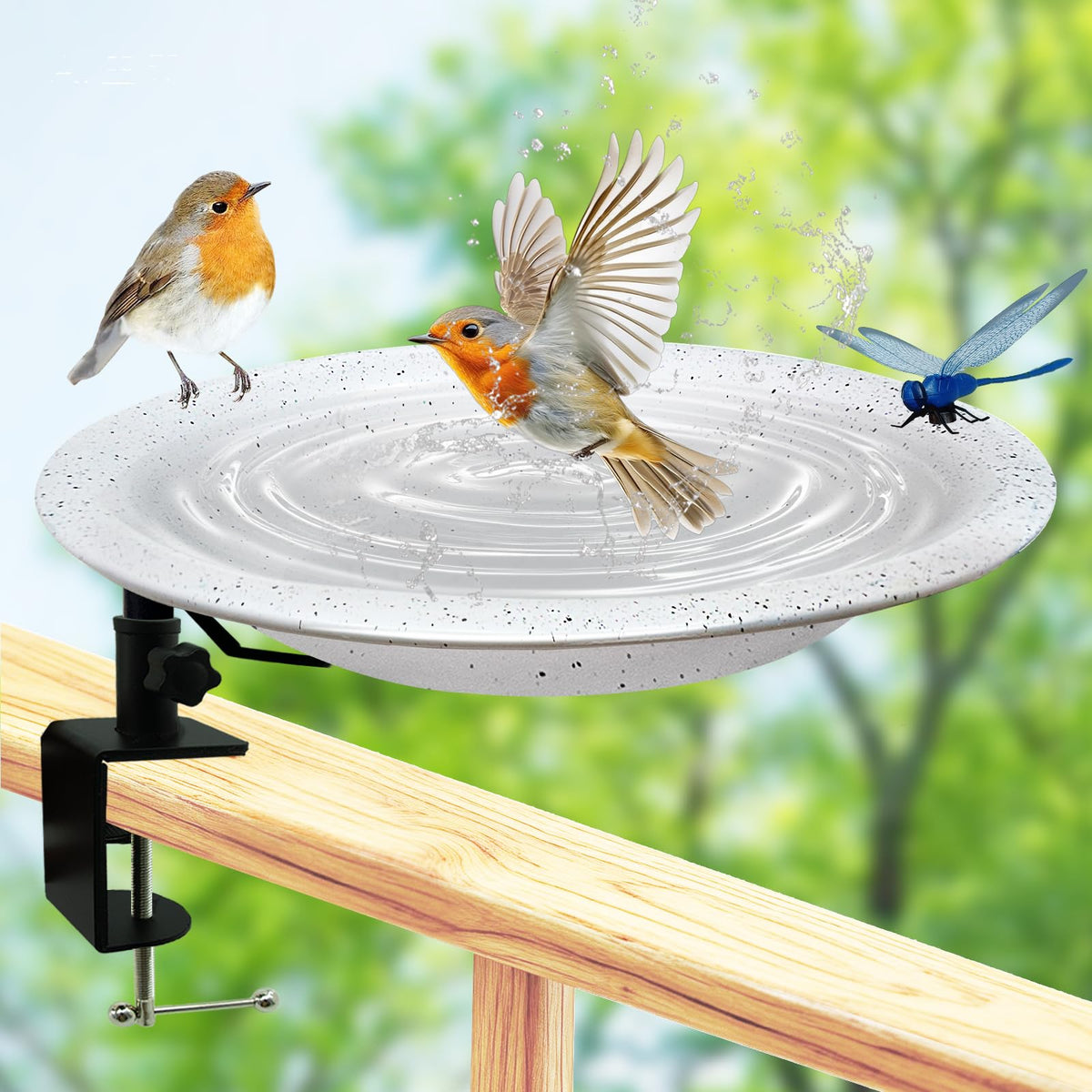 TIANCENTRAL H deck bird bath on railing with a spacious 11.5-inch bowl for birds.