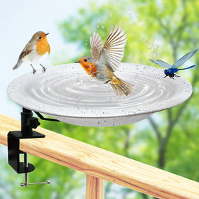 TIANCENTRAL H deck bird bath on railing with a spacious 11.5-inch bowl for birds.