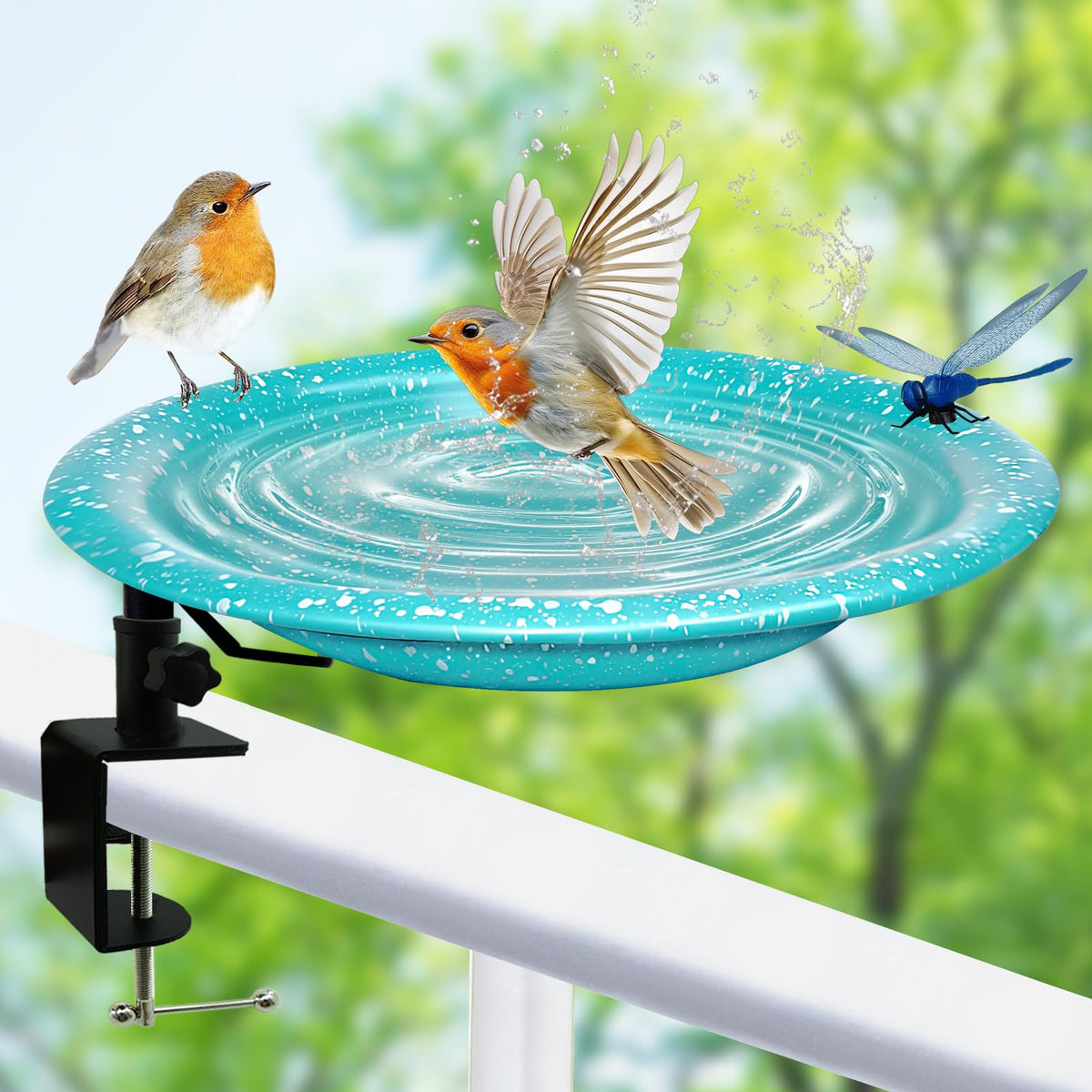 TIANCENTRAL H deck-mounted bird bath with rail clamp for easy railing attachment.