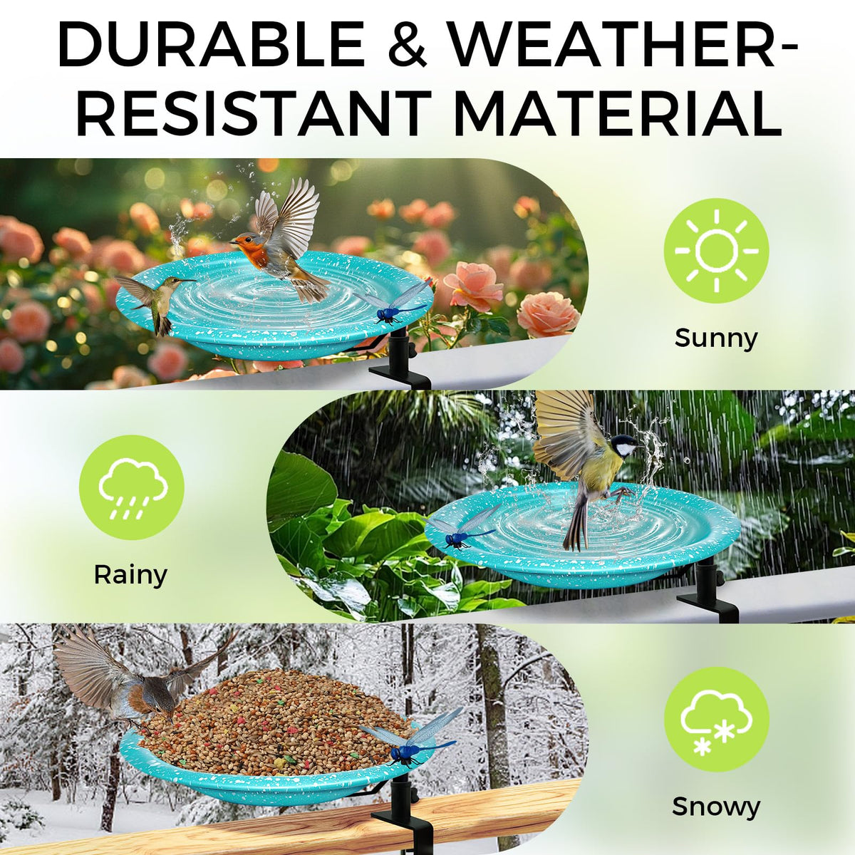 TIANCENTRAL H weather-resistant metal bowl resists fading and cracking in sun or rain.