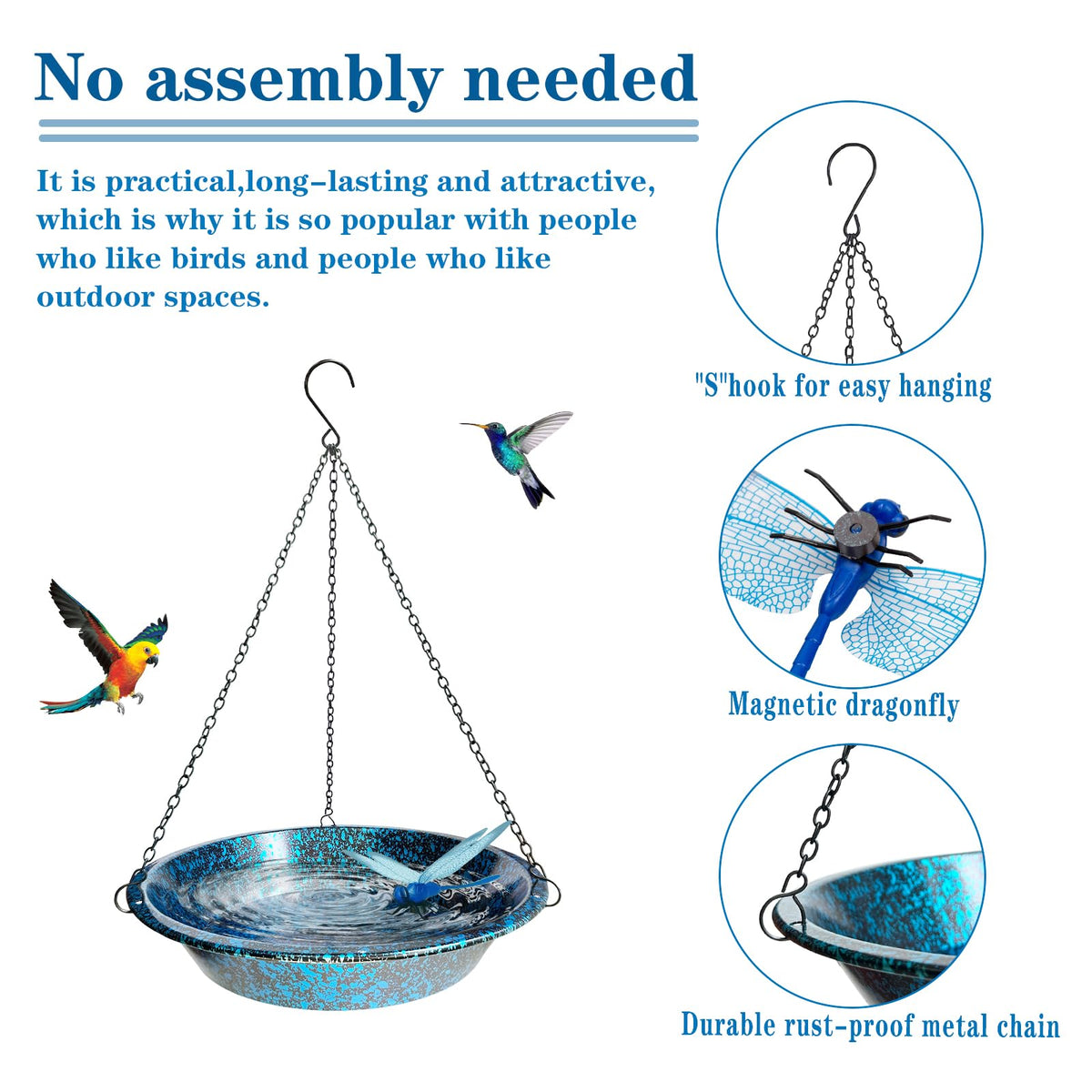 TIANCENTRAL H hanging bird bath supports bird lovers seeking peaceful backyard wildlife moments.