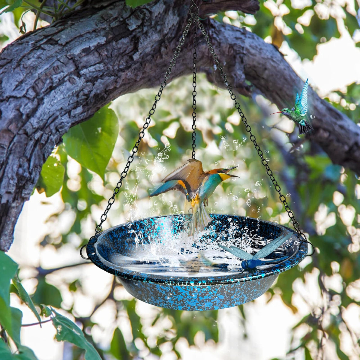 TIANCENTRAL H hanging bird bath is easy to clean and refresh for visiting birds.