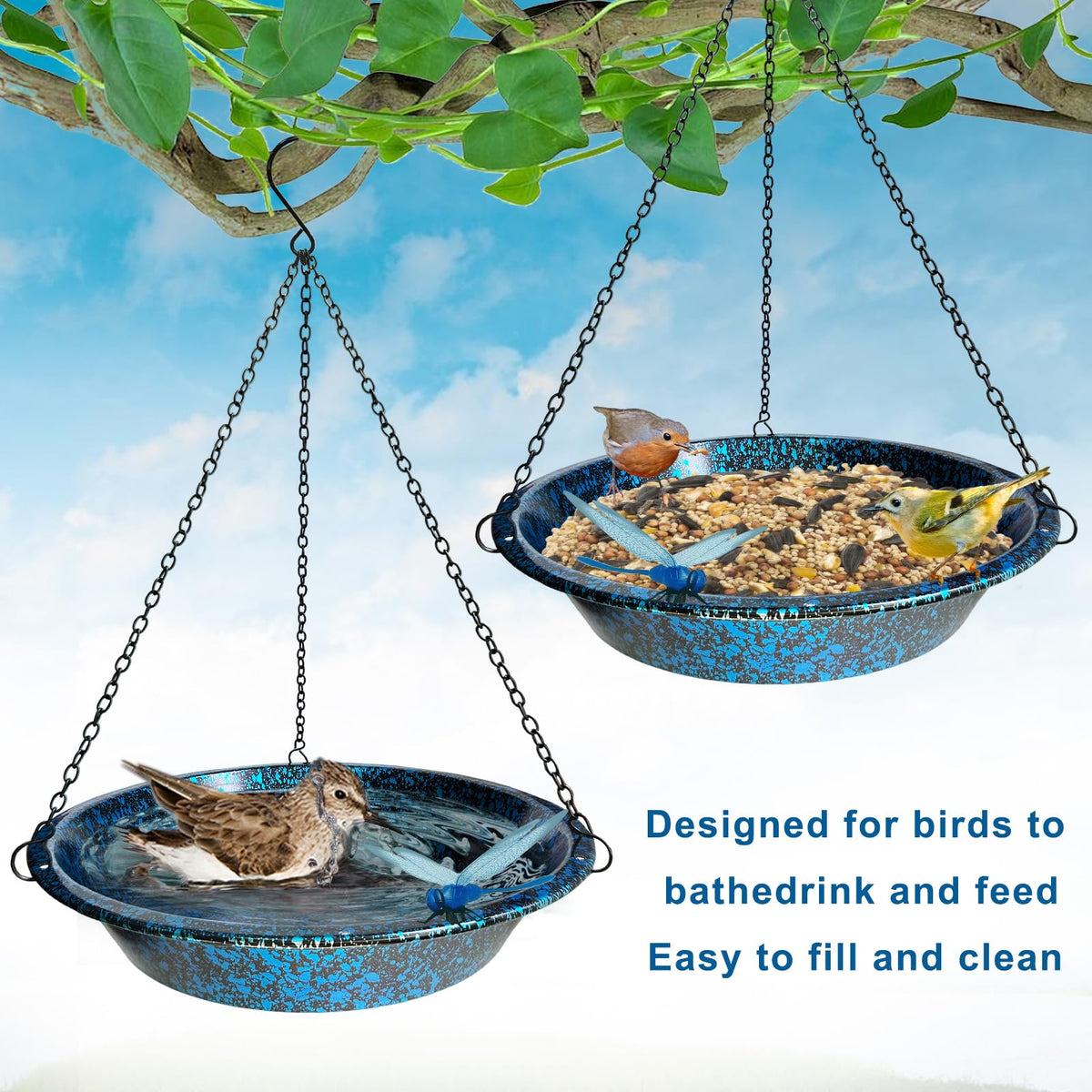 TIANCENTRAL H hanging bird bath can hold seeds for birds when they prefer feeding.