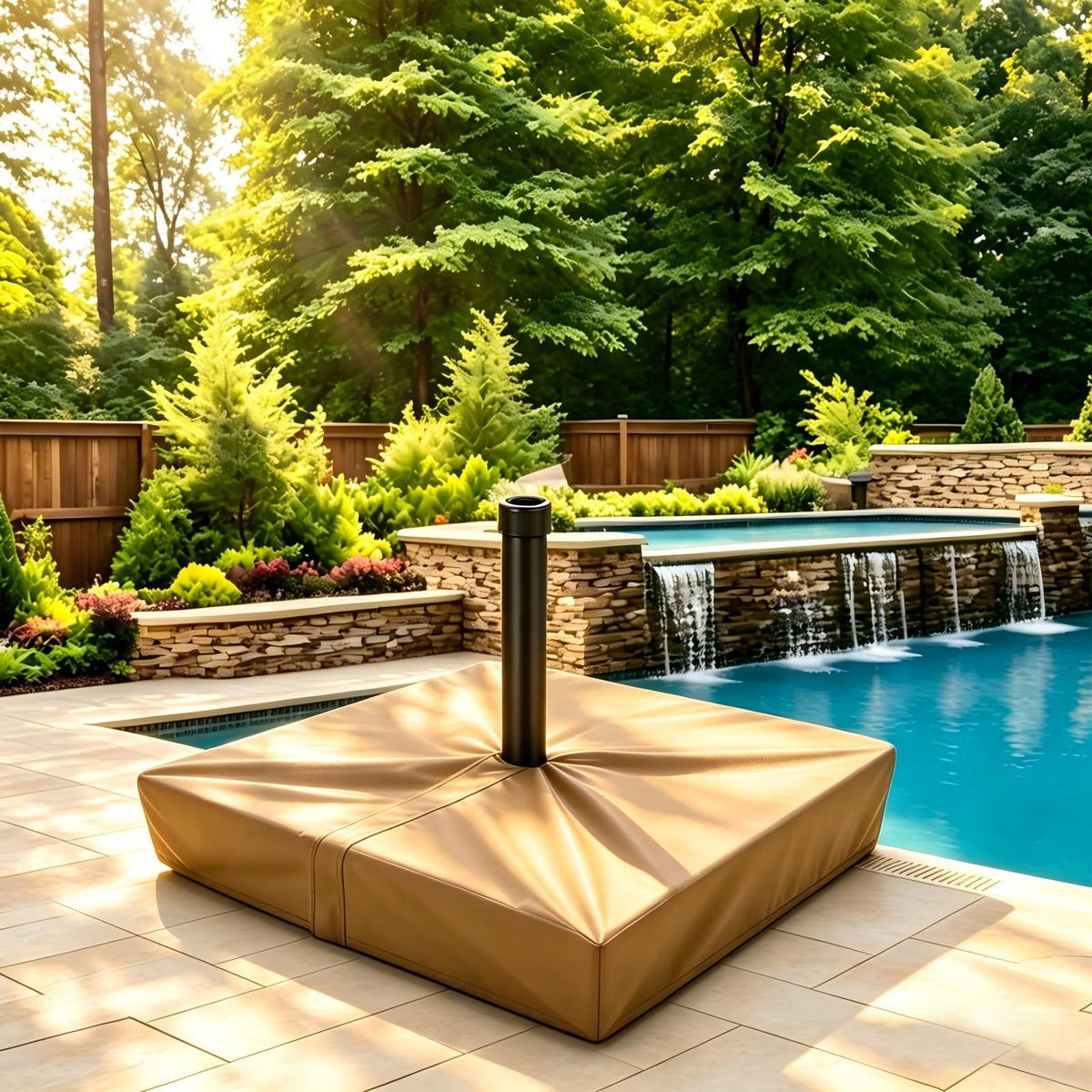 Beige TiantianBao base cover blends with outdoor furniture and decor.
