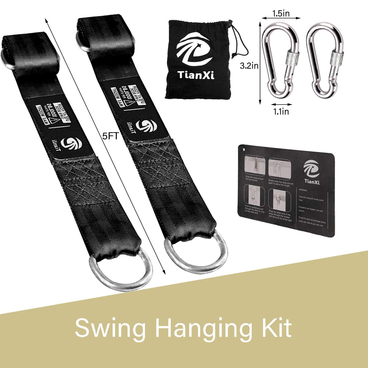 TianXi 5ft straps and stainless carabiners for safe backyard swinging.
