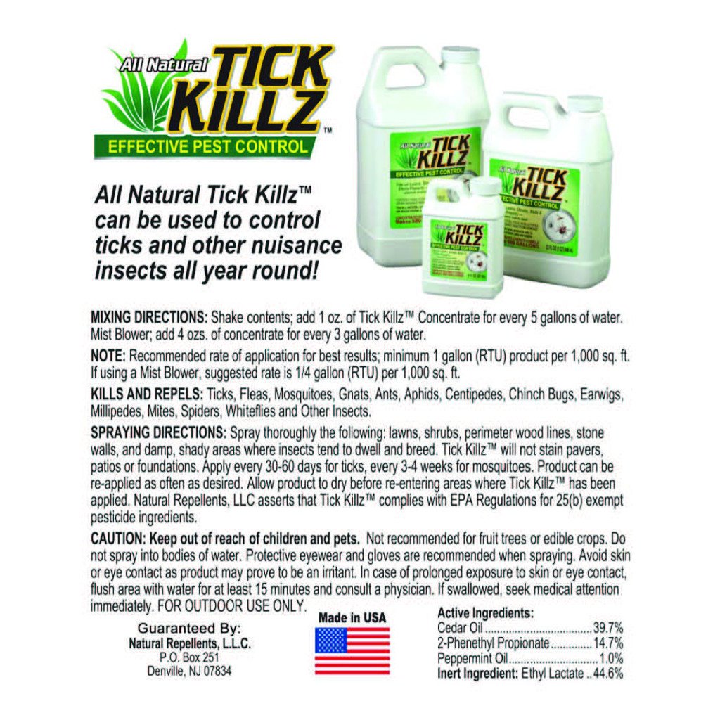 Tick Killz uses 100 percent organic ingredients for outdoor use.