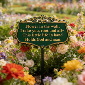TICKCACY two-poem sign creates a focal point for garden enthusiasts.