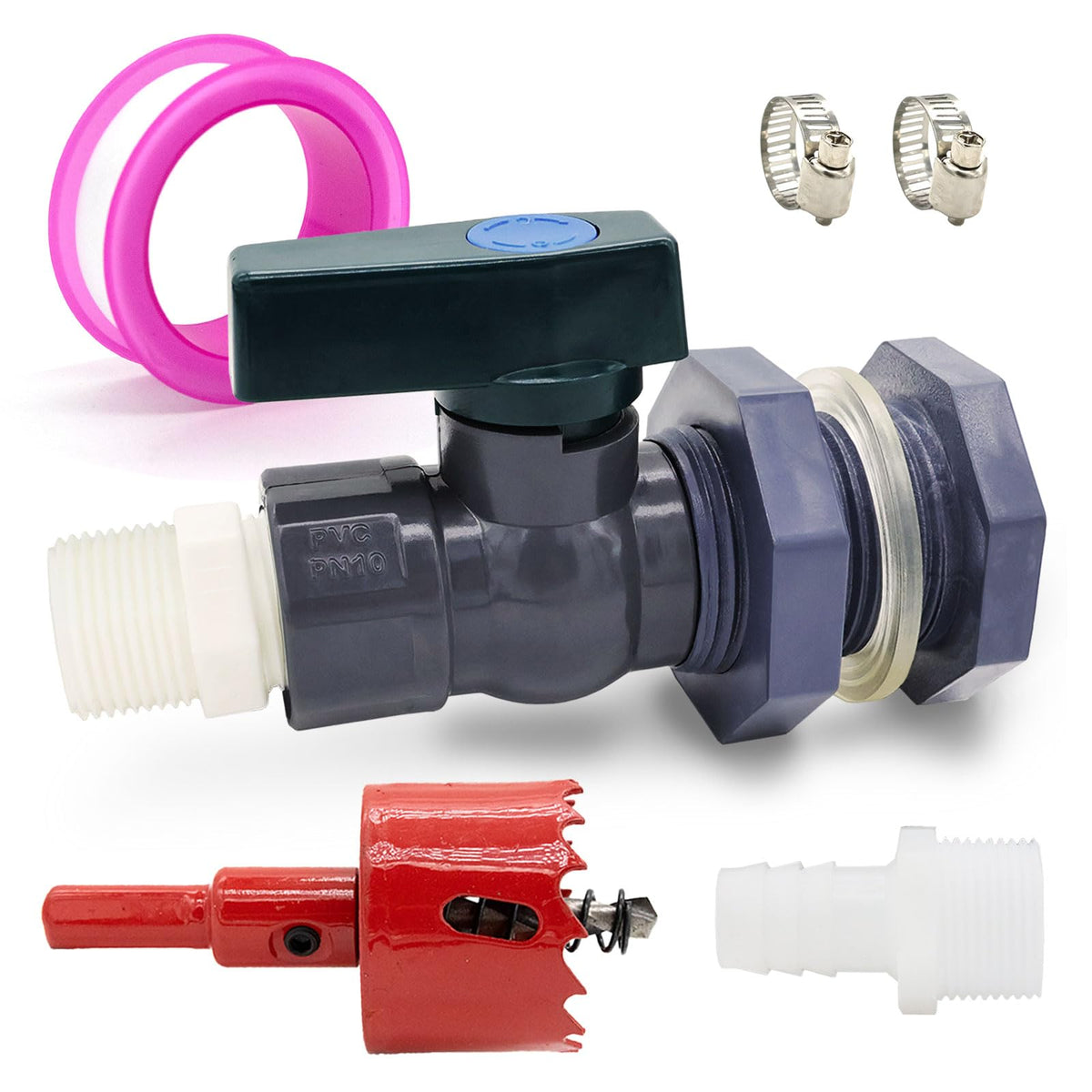 TiciKim PVC rain barrel spigot assembly for quick connections.