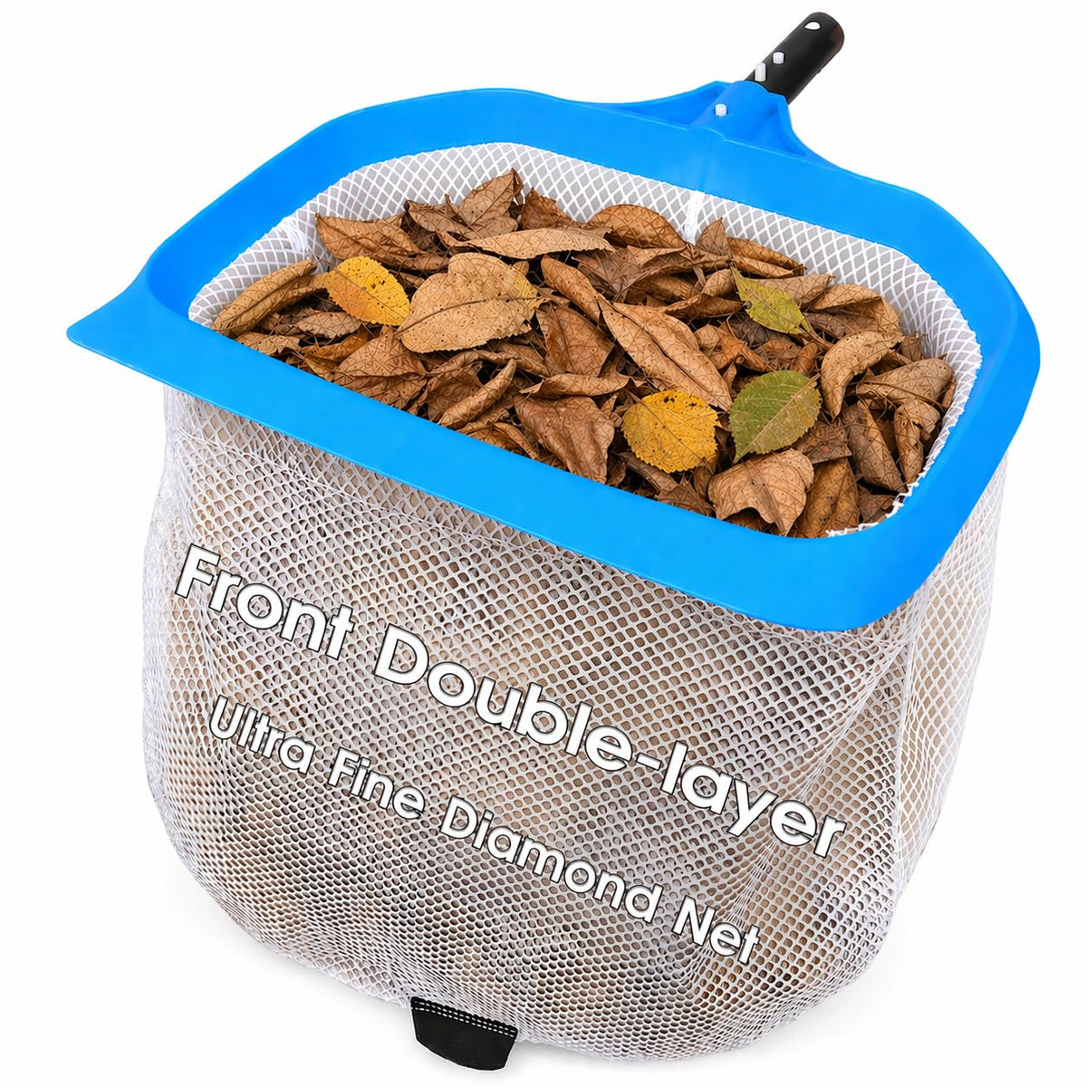 Tidymister 18-inch skimmer net with diamond mesh captures fine debris.