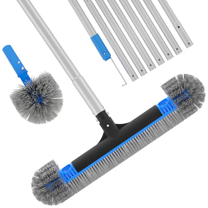 TidyMister upgraded pool brush front view shows wide 20-inch cleaning path for faster coverage.