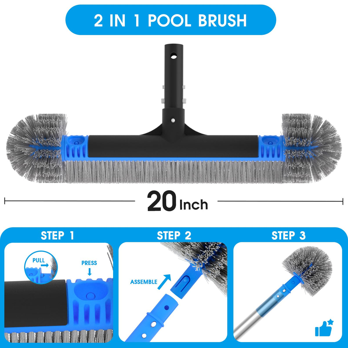 TidyMister upgraded pool brush side bristles close-up highlights tough debris scrubbing on walls.