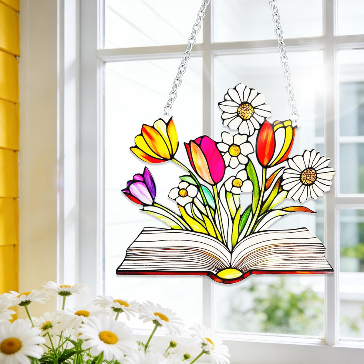 Tiedashu sun catcher with vibrant tulips and daisies catching sunlight