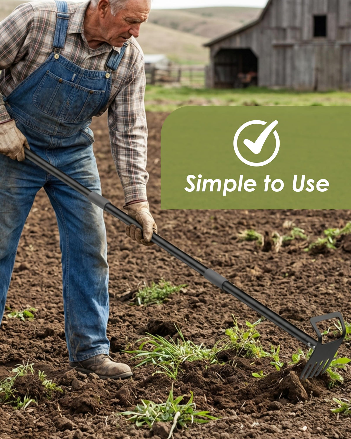 Tiemlet 2-in-1 garden tool showing blade and four-tooth rake for efficient soil work.