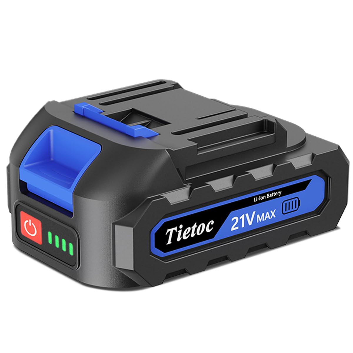 Tietoc blue mini chainsaw battery 21V powering quick, clean cuts for on-site work.